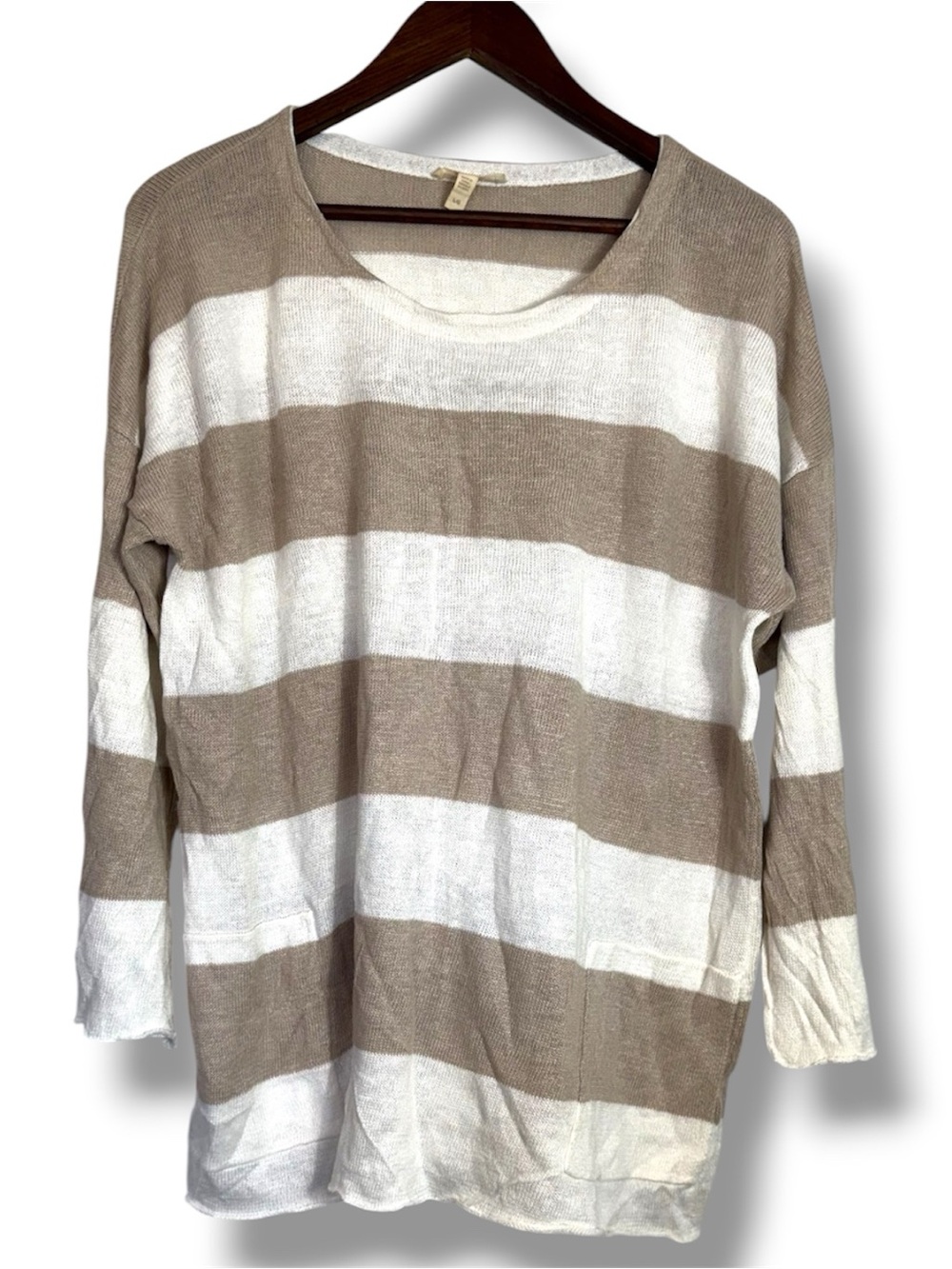 Eileen Fisher 100% Organic Linen Tan & White Striped Tunic Blouse Large